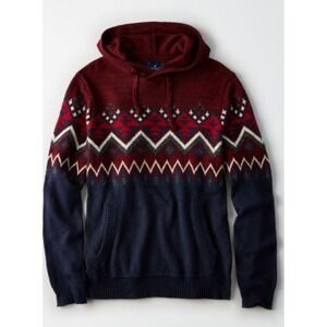 American Eagle Large Tall Mens Wool Baja Sweater Hoodie Burgundy Aztec Geometric
